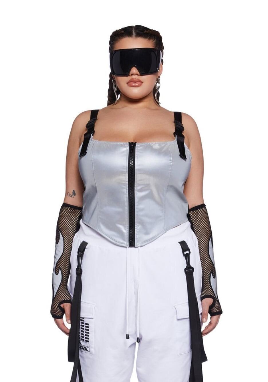 NWT Dolls Kill Club Exx Reflective Silver Corset Crop Top Tank Size Large